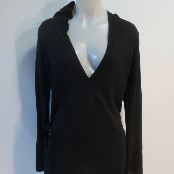 Womens Minnie Rose Black Silk Cashmere Hooded V-Neck Sweater M - Picture 2 of 10